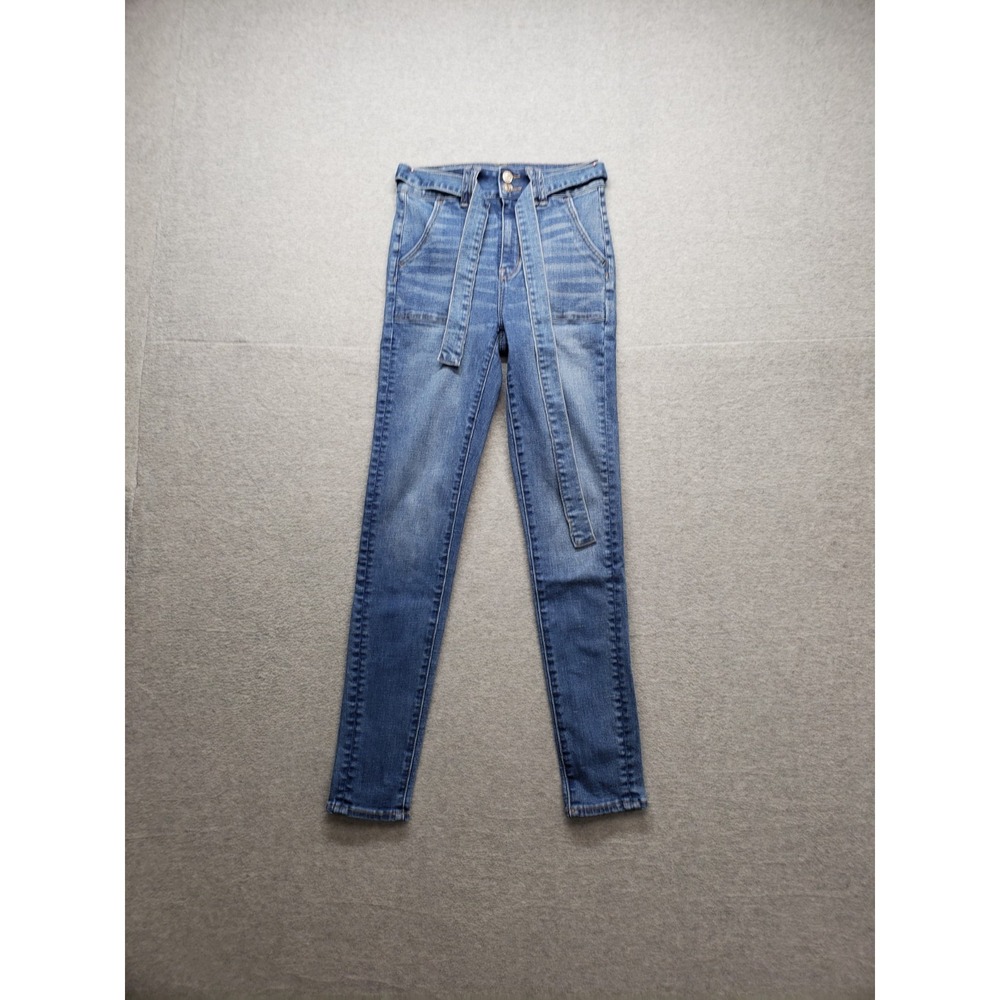 American Eagle Outfitters Women Jeans 4 Blue Zip Button Removable Tie Casual‎